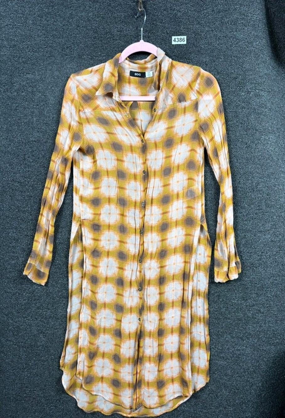 BDG Courtney Button-Down Maxi Shirt Dress Womens Size S Yellow Plaid